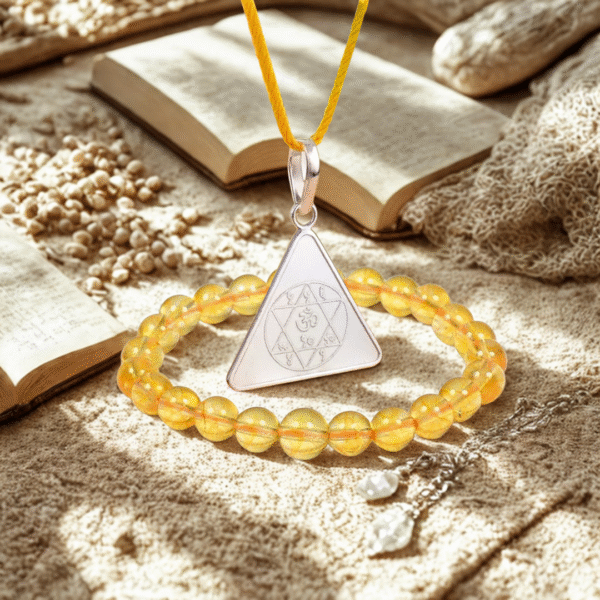 Gayatri Yantra Pendant In Pure Silver And Citrine Crystal Bracelet
