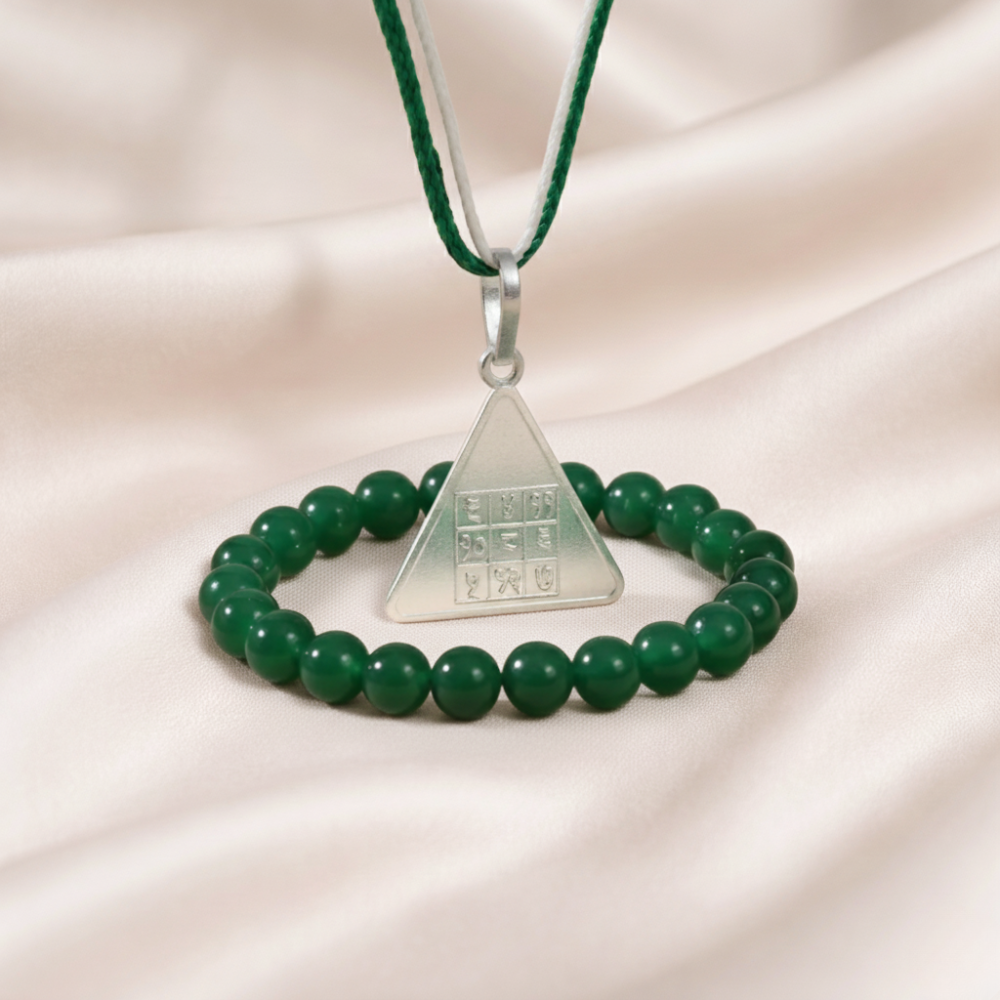 Budh Pyra Yantra Silver Locket with Green Jade Bracelet