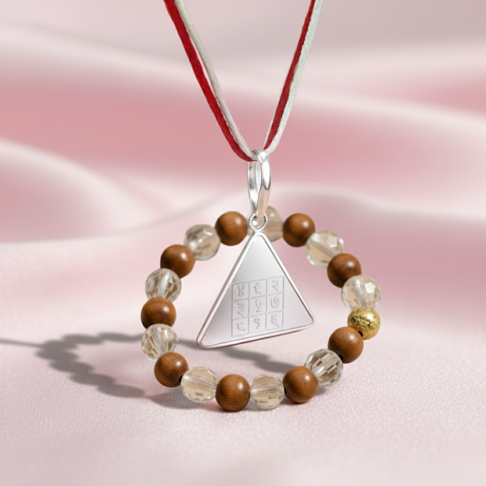 Surya Pyra Yantra Silver Locket with Wood Crystal Bracelet – Diamond Cut Combo (1) Surya Pyra Yantra Pure Silver Locket with Wood & Crystal Bracelet Combo