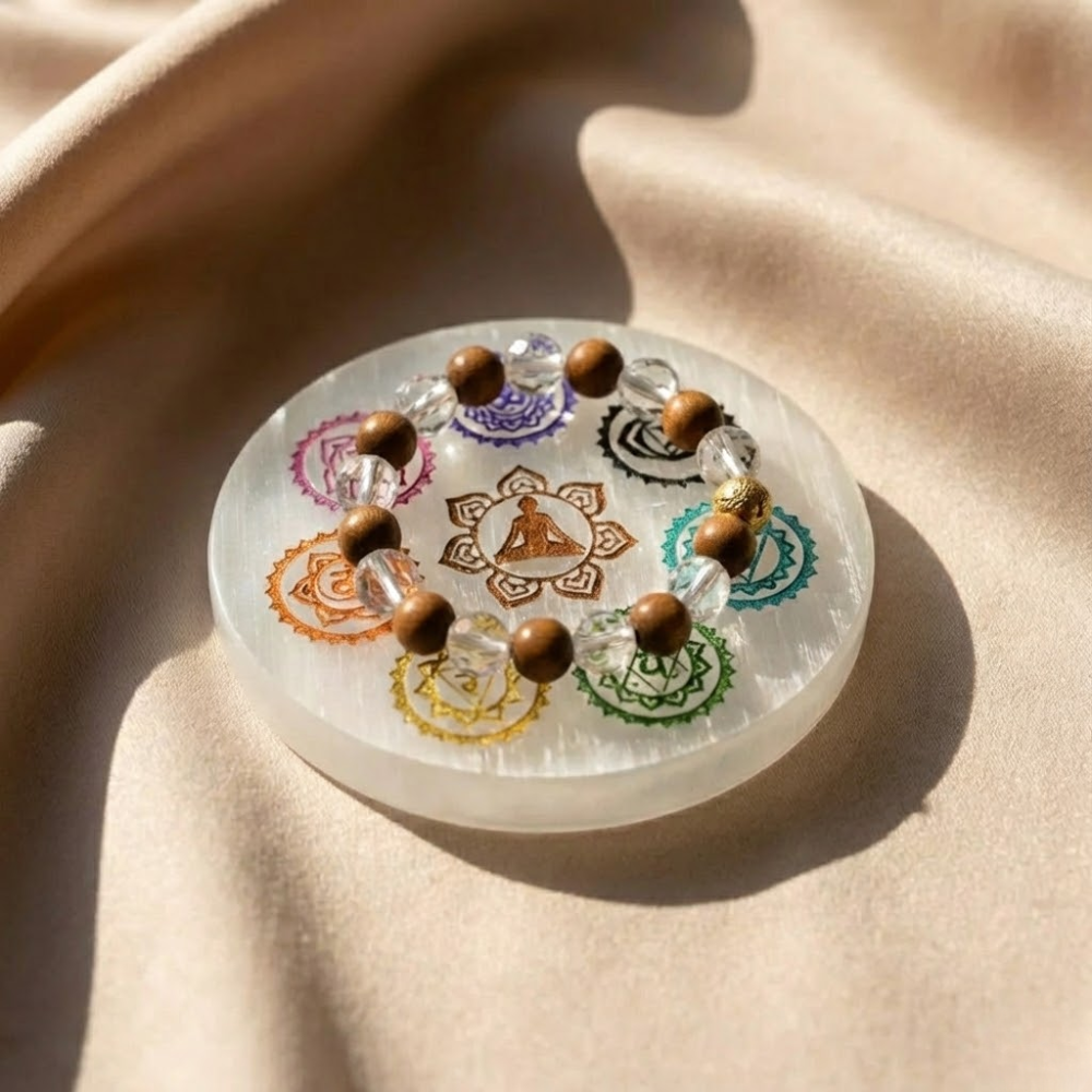 Wood crystals and selenite plate Combo Wood & Clear Crystal Bracelet with Charging Selenite Plate Combo